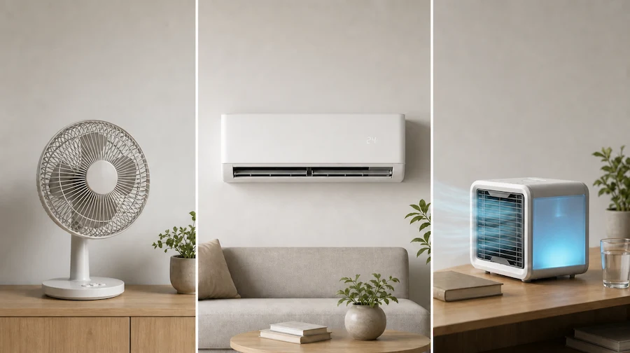 Deixámos um ar condicionado, uma ventoinha e o CoolBox24 na mesma divisão a 34°C. A conta que fizemos surpreendeu-nos.